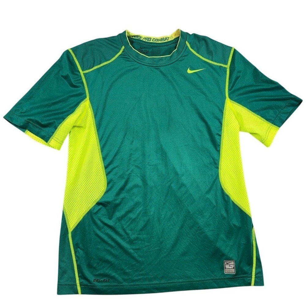 Nike Pro Combat Dri-FIT Mens Green Neon Yellow Fitted Training Shirt M Normcore